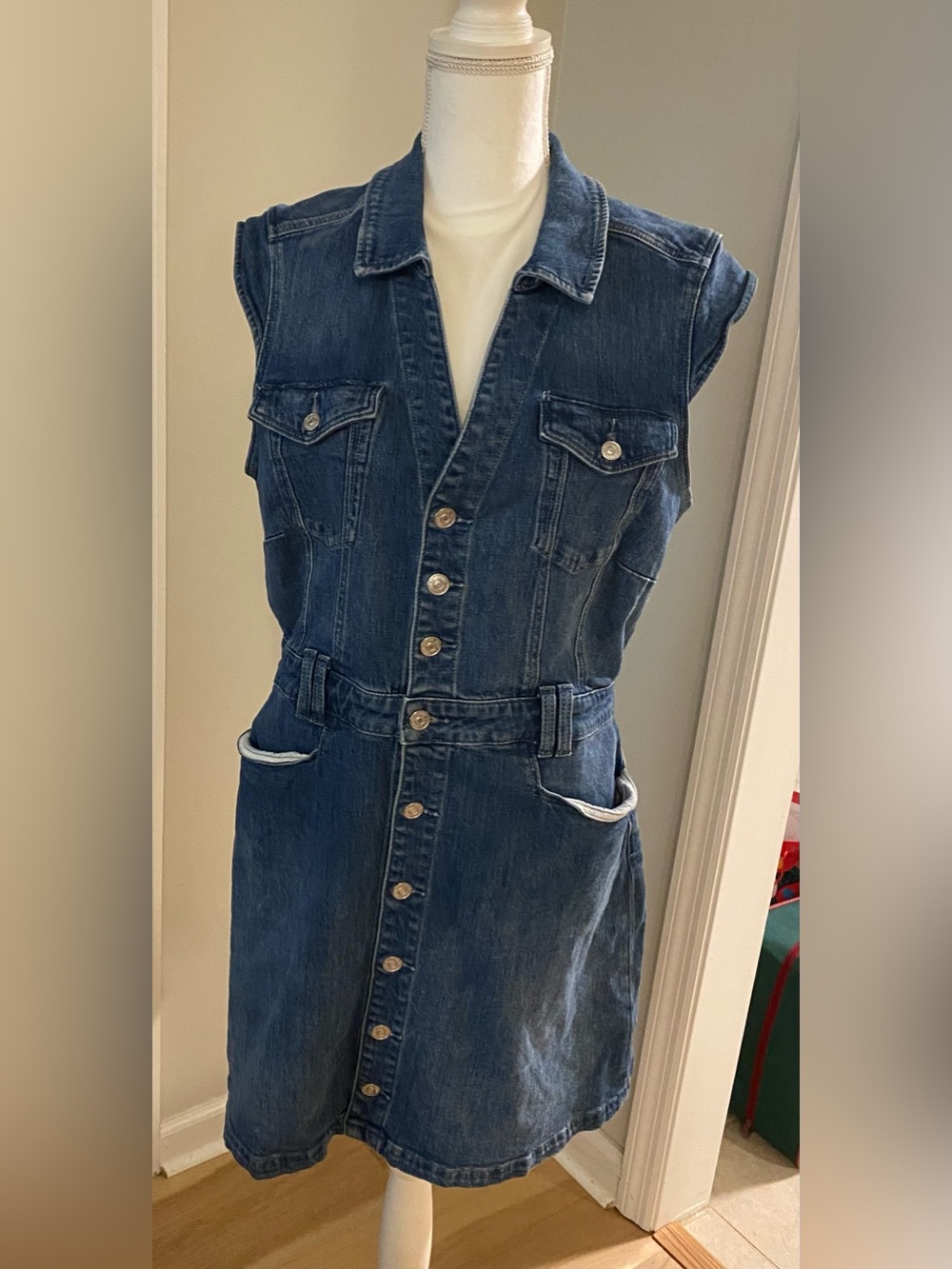Sleeveless Dark Blue Denim Button-Front Dress Size 12